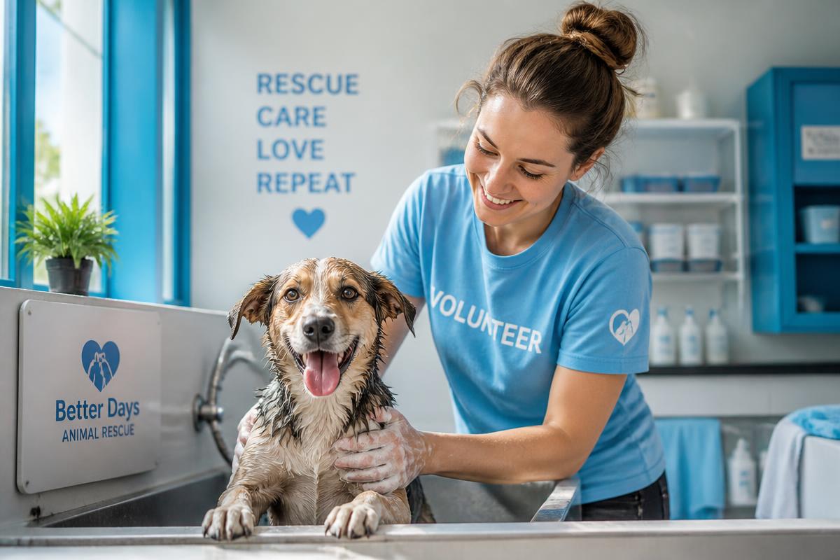 Voluntária de ONG parceira cuidando de um cão resgatado